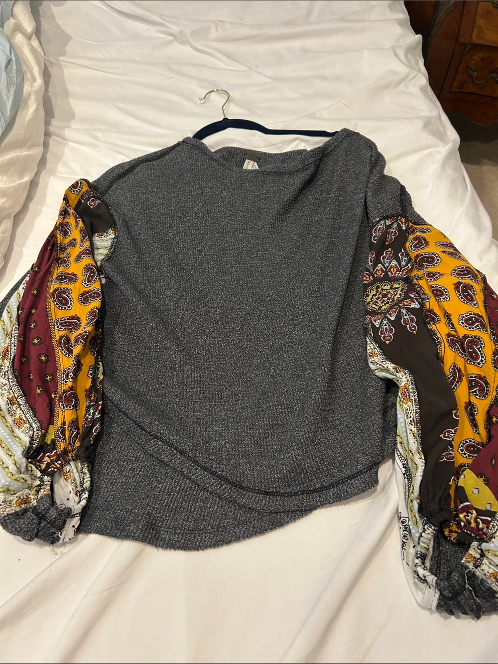 We The Free Gray Knit Top with Mustard & Burgundy Patchwork Sleeves